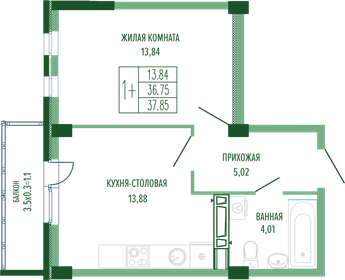 Квартира 37,9 м², 1-комнатная - изображение 1