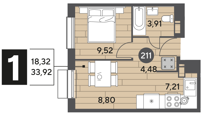 33,9 м², 1-комнатная квартира 5 169 408 ₽ - изображение 1