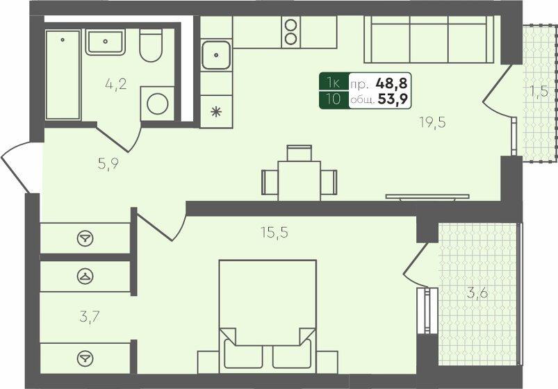 53,9 м², 1-комнатная квартира 7 364 500 ₽ - изображение 1