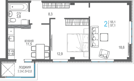 Квартира 58,7 м², 2-комнатная - изображение 3