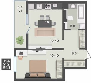 Квартира 54,3 м², 1-комнатная - изображение 1