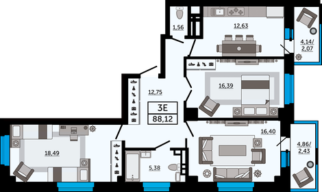 Квартира 88,1 м², 3-комнатная - изображение 1