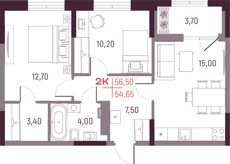 54,7 м², 2-комнатная квартира 7 049 850 ₽ - изображение 1