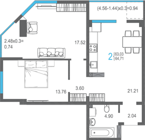 Квартира 64,7 м², 2-комнатная - изображение 1