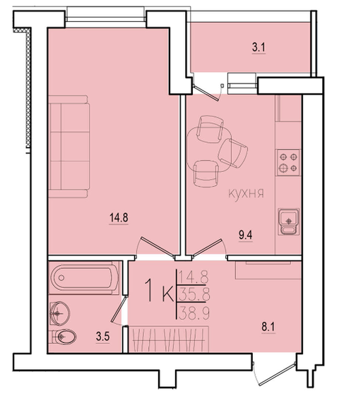 38,9 м², 1-комнатная квартира 3 900 000 ₽ - изображение 1