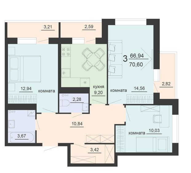 70,6 м², 3-комнатная квартира 6 812 900 ₽ - изображение 1