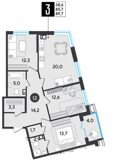 89,7 м², 3-комнатная квартира 12 629 760 ₽ - изображение 22