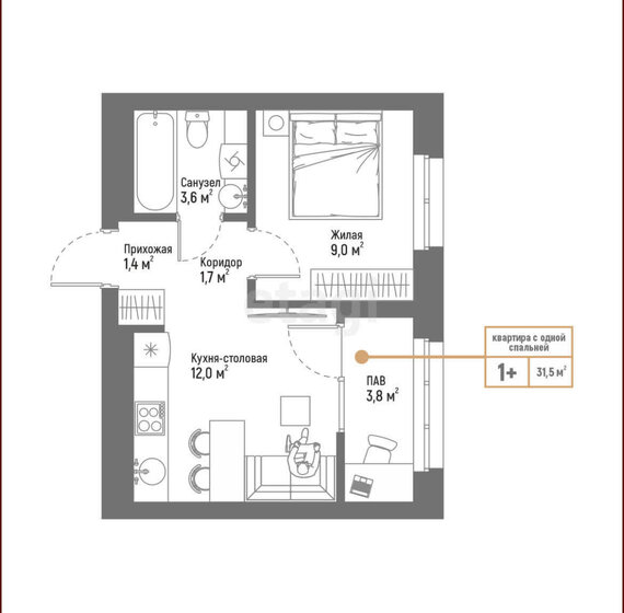 31,5 м², 1-комнатная квартира 4 300 000 ₽ - изображение 1