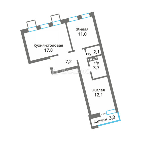 55,7 м², 2-комнатная квартира 12 500 000 ₽ - изображение 1