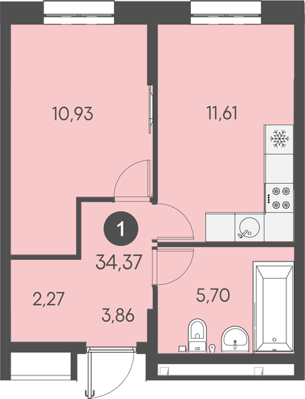 34,4 м², 1-комнатная квартира 6 220 970 ₽ - изображение 1