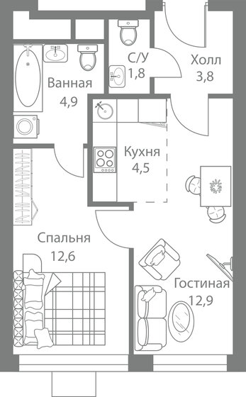 40,5 м², 2-комнатная квартира 12 563 606 ₽ - изображение 1