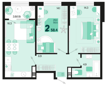 Квартира 58,4 м², 2-комнатная - изображение 1