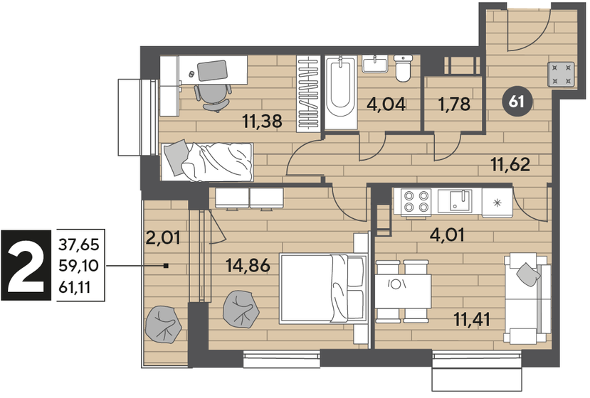 61,1 м², 2-комнатная квартира 8 225 406 ₽ - изображение 1