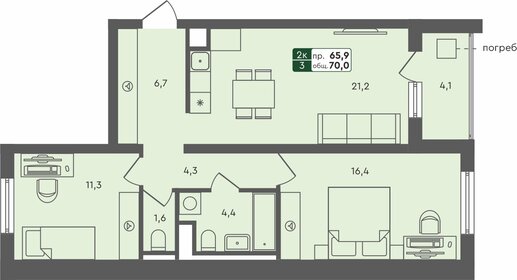 Квартира 70 м², 2-комнатная - изображение 1