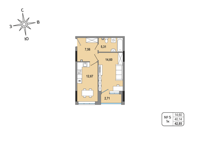 Квартира 42,9 м², 1-комнатная - изображение 1