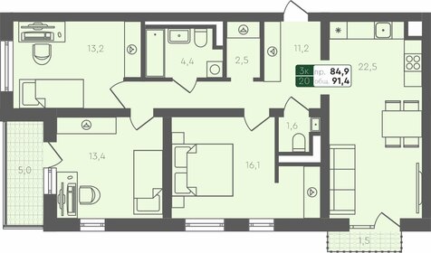 Квартира 91,4 м², 3-комнатная - изображение 1