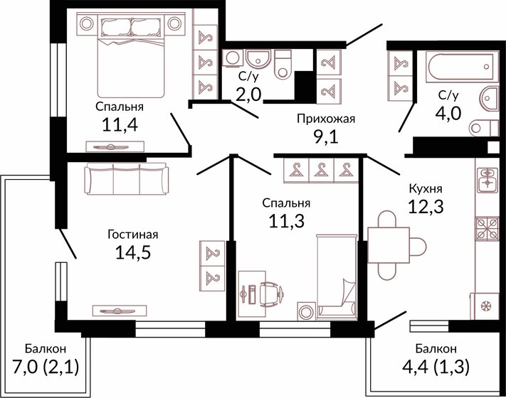 68 м², 3-комнатная квартира 8 928 400 ₽ - изображение 1