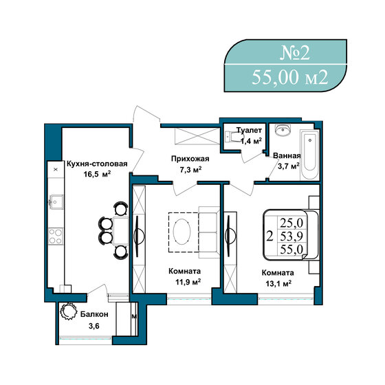 55 м², 2-комнатная квартира 11 280 000 ₽ - изображение 1