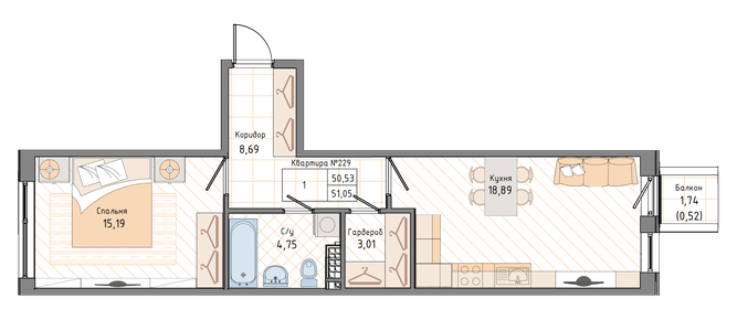 Квартира 51,1 м², 1-комнатная - изображение 1