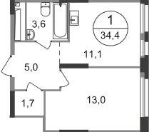 Квартира 34,4 м², 1-комнатная - изображение 1