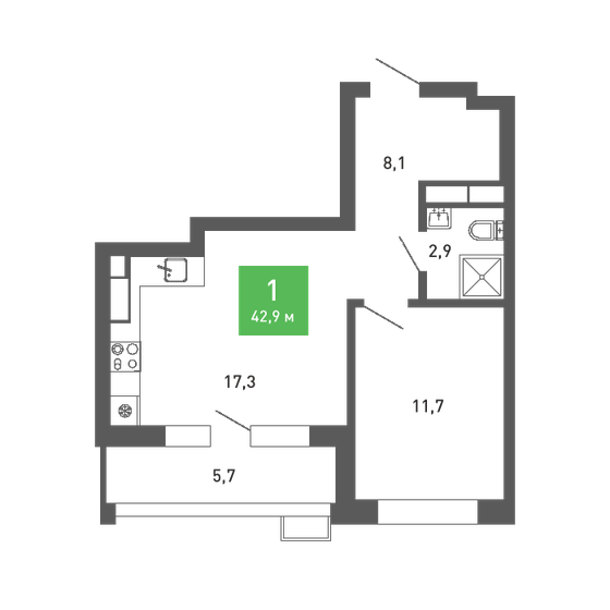 42,9 м², 1-комнатная квартира 5 174 057 ₽ - изображение 1