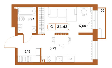 Квартира 34,4 м², студия - изображение 1