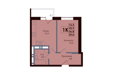 Квартира 36,8 м², 1-комнатная - изображение 1