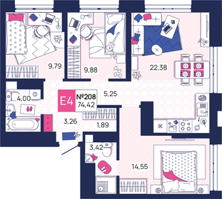 Квартира 74,4 м², 3-комнатная - изображение 1