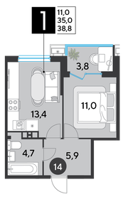 Квартира 38,8 м², 1-комнатная - изображение 2