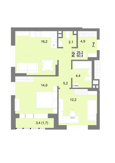 60,4 м², 2-комнатная квартира 9 724 400 ₽ - изображение 1