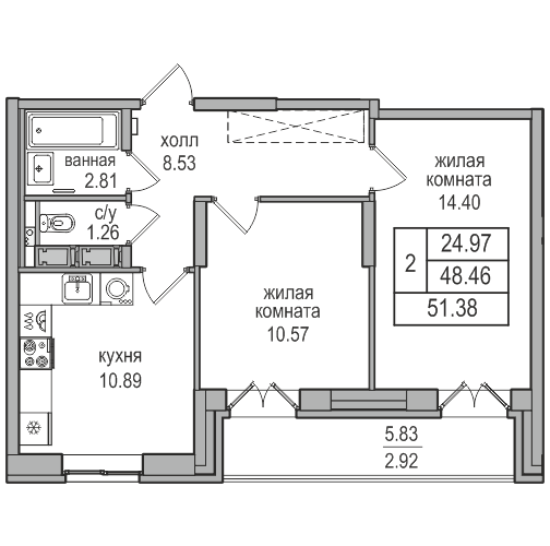 48,5 м², 2-комнатная квартира 9 900 926 ₽ - изображение 32
