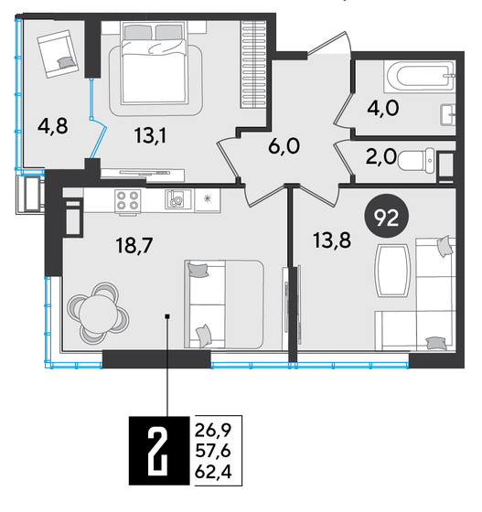 62,4 м², 2-комнатная квартира 7 993 440 ₽ - изображение 1