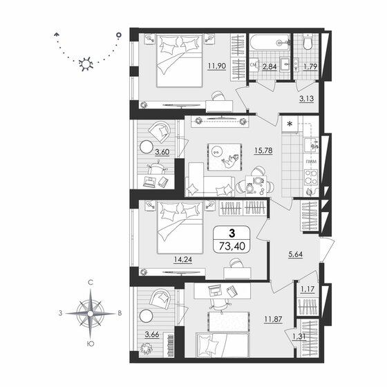 73,4 м², 3-комнатная квартира 9 657 860 ₽ - изображение 23