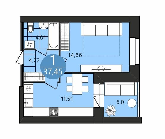 37,5 м², 1-комнатная квартира 4 403 800 ₽ - изображение 1