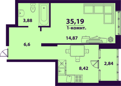 Квартира 35,2 м², 1-комнатная - изображение 1