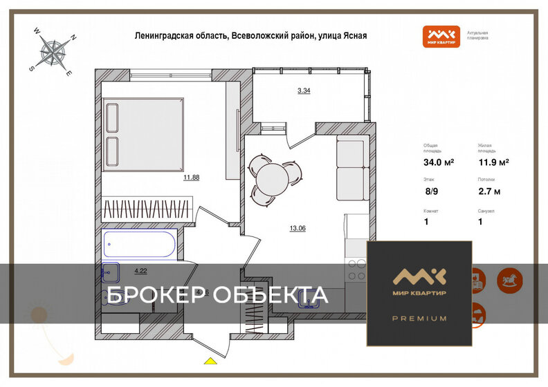 34 м², 1-комнатная квартира 5 550 000 ₽ - изображение 11