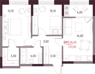 55,3 м², 2-комнатная квартира 6 684 000 ₽ - изображение 8