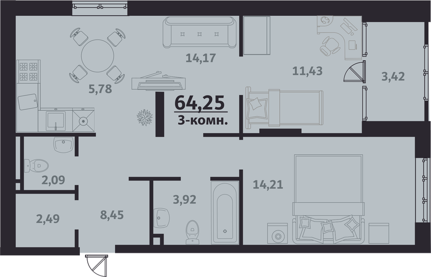 64,3 м², 3-комнатная квартира 7 388 750 ₽ - изображение 1