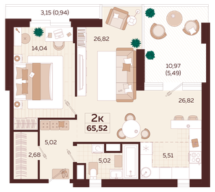 Квартира 65,5 м², 2-комнатная - изображение 1