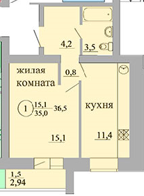 36,5 м², 1-комнатная квартира 2 250 000 ₽ - изображение 1