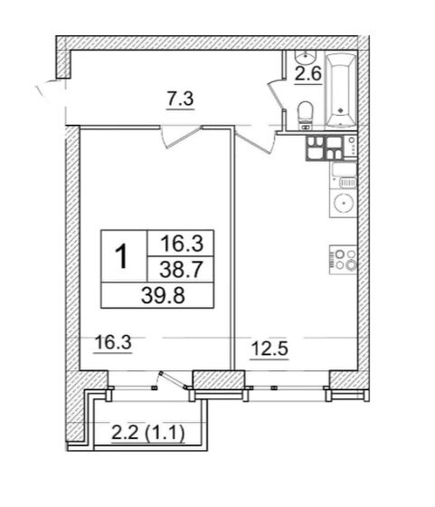 38,7 м², 1-комнатная квартира 3 400 000 ₽ - изображение 1