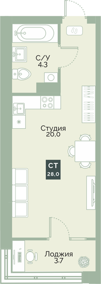 28 м², квартира-студия 2 542 000 ₽ - изображение 1