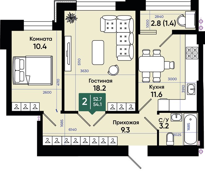 54,4 м², 2-комнатная квартира 6 194 450 ₽ - изображение 1