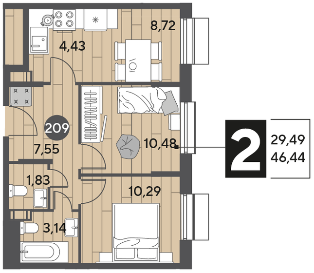46,4 м², 2-комнатная квартира 6 654 852 ₽ - изображение 1