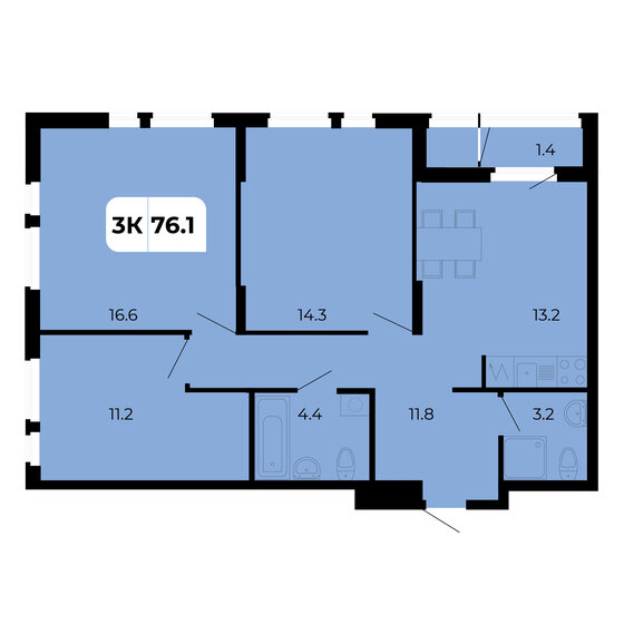 76,1 м², 3-комнатная квартира 8 104 650 ₽ - изображение 1
