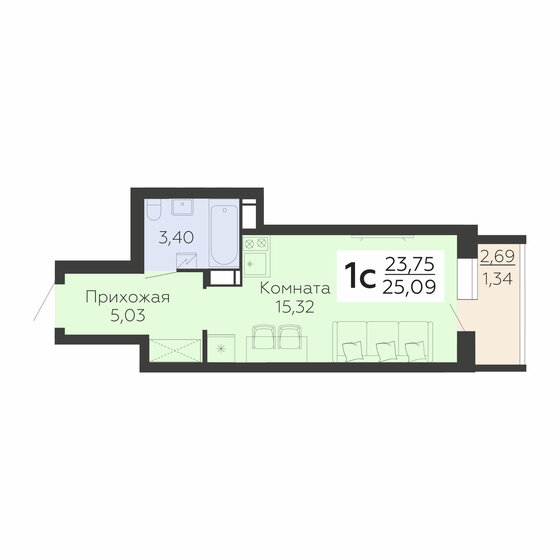 25,1 м², 1-комнатная квартира 2 458 820 ₽ - изображение 1