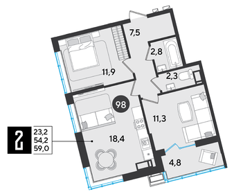 56,2 м², 2-комнатная квартира 8 795 300 ₽ - изображение 1