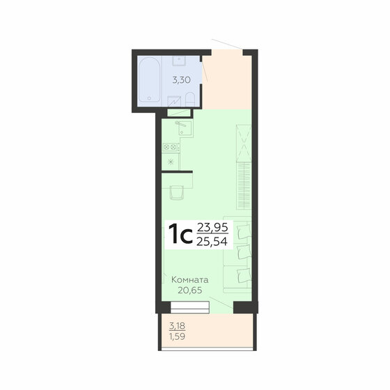 25,5 м², 1-комнатная квартира 2 400 760 ₽ - изображение 1