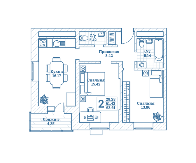 63,6 м², 2-комнатная квартира 6 933 490 ₽ - изображение 1