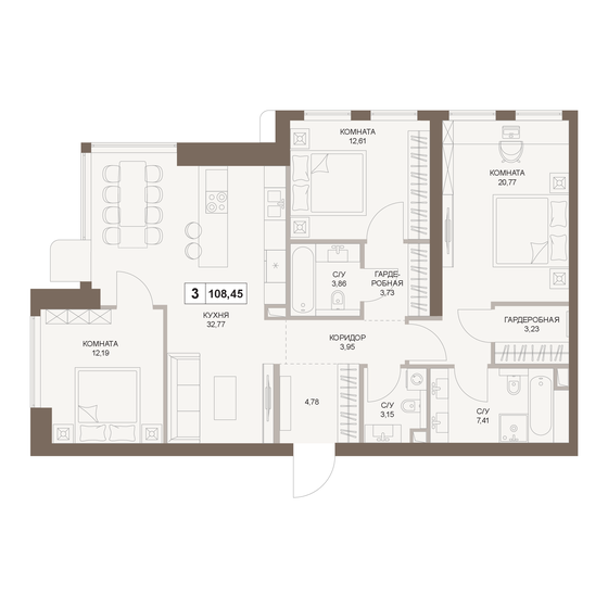 108,5 м², 3-комнатная квартира 56 240 436 ₽ - изображение 1